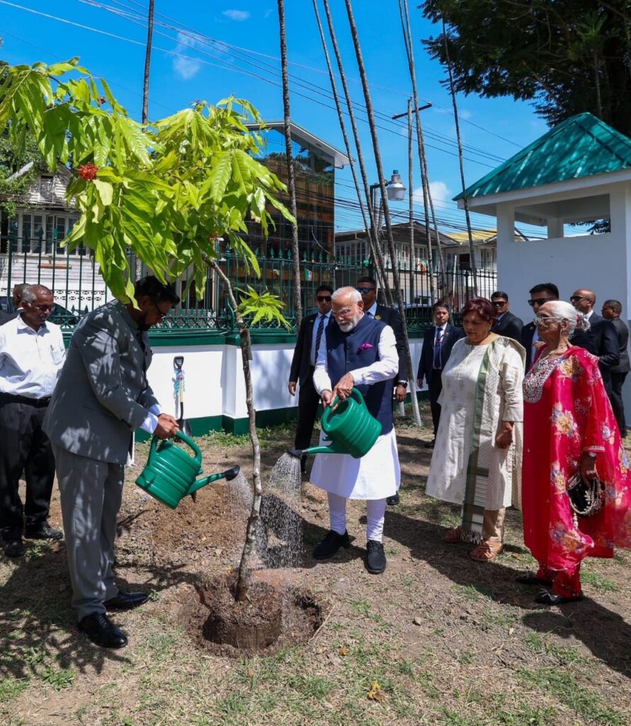 PM Modi and President of Guyana Irfan Ali plant a Sapling in Georgetown under the ‘Ek Ped Ma Ke Naam’ initiative