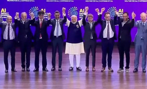 Prime Minister Narendra Modi takes a group photo with AI company leaders including OpenAI CEO Sam Altman (2nd R), Anthropic CEO Dario Amodei (R), Google CEO Sundar Pichai (2nd L), and Meta Chief AI Officer Alexandr Wang (L), at the AI Impact Summit 2026, in New Delhi